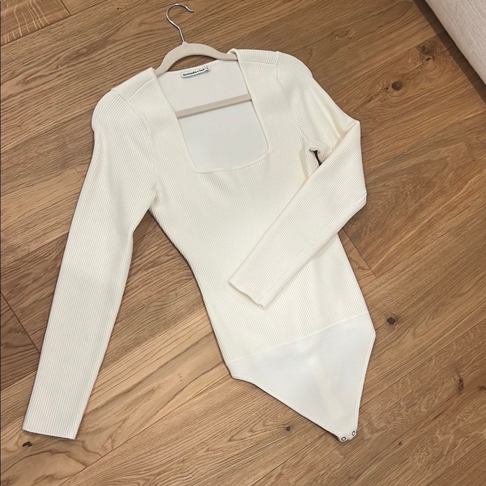 Abercrombie Cream Off-White Ribbed Bodysuit with Square Neck - sweater material
